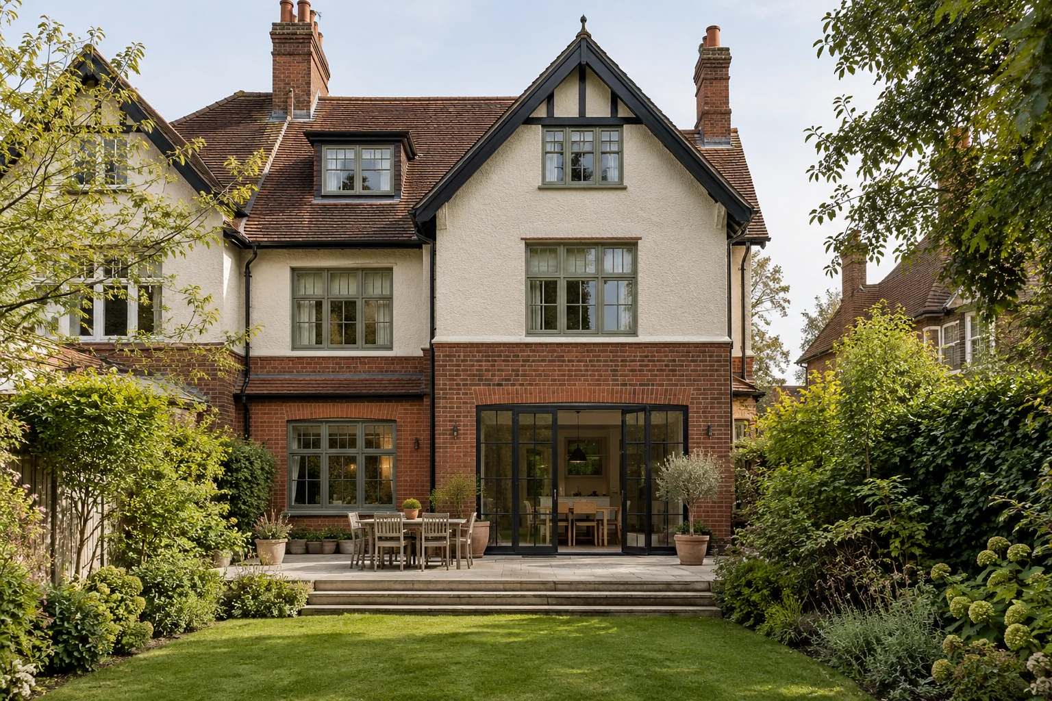 Illustrative semi-detached family house with traditional materials and a garden doorway