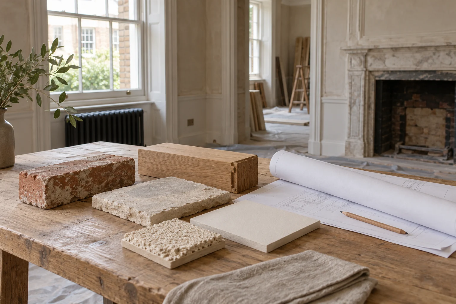 Illustrative material samples and drawings laid out for a building discussion