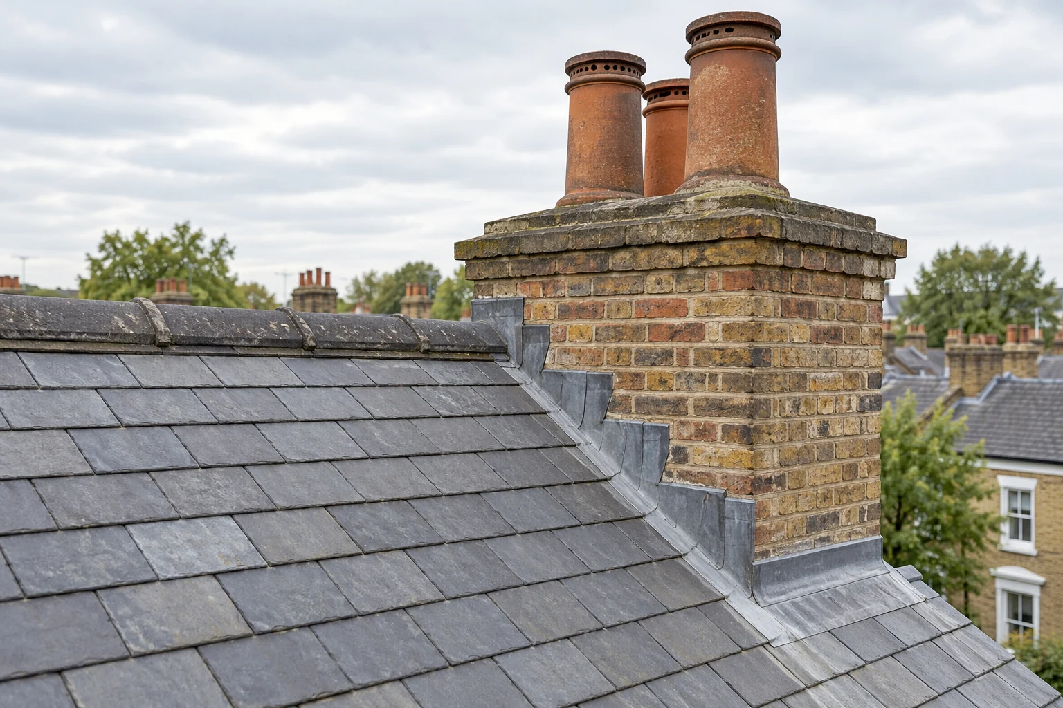 Illustrative slate roof, lead flashing and brick chimney junction