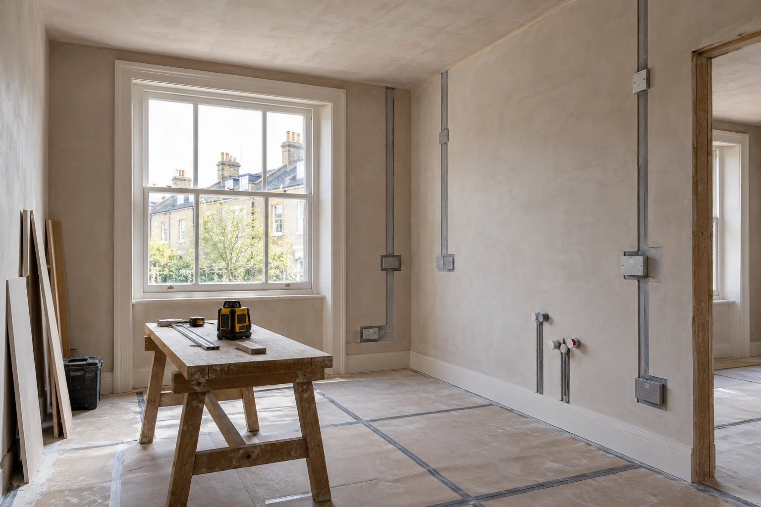 Illustrative coordinated room preparation with safe closed service routes