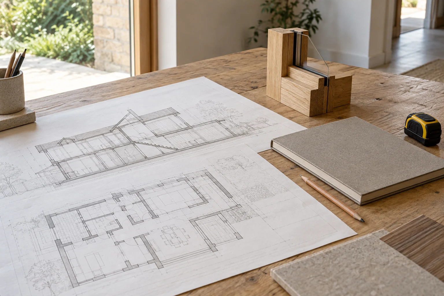 Illustrative project drawings, notebook and timber detail sample on a workbench