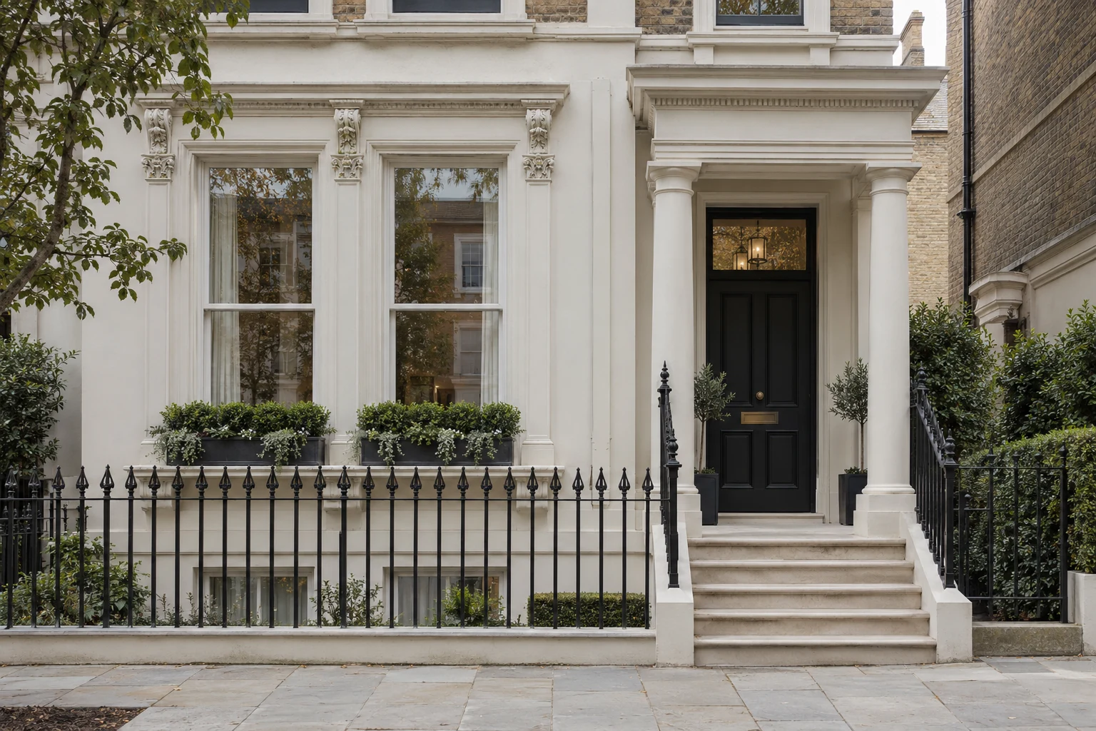 Illustrative London stucco frontage with traditional timber windows and stone steps