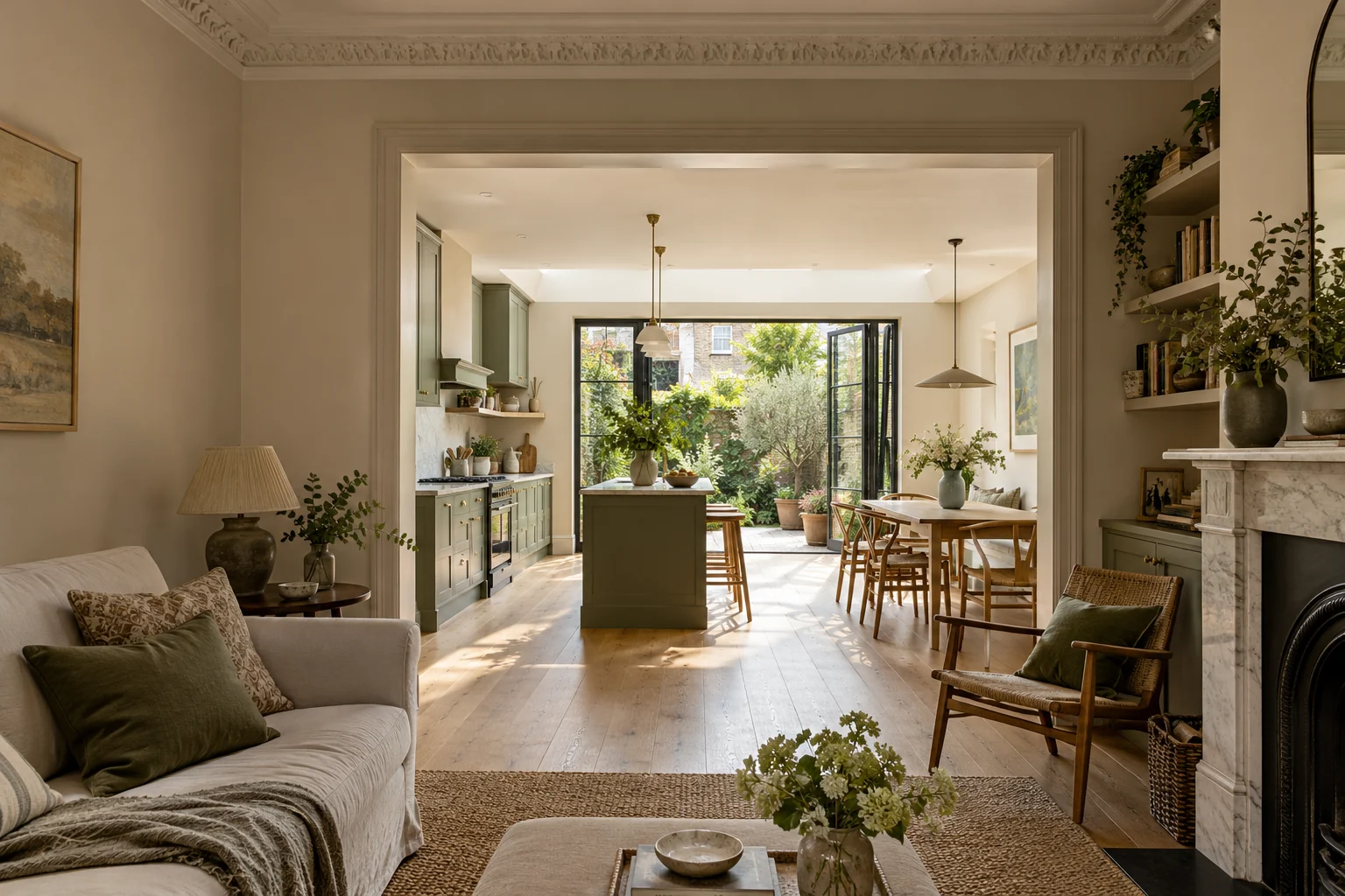 Illustrative renovated terrace rooms connected to a modest kitchen and garden