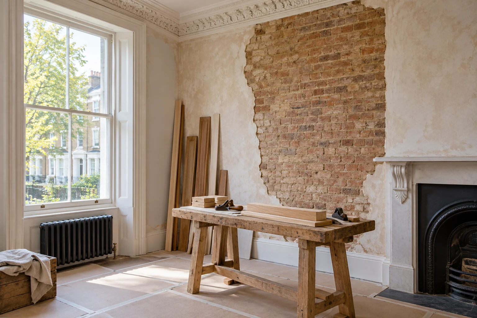Illustrative period room during careful repairs with retained cornice and protected floor