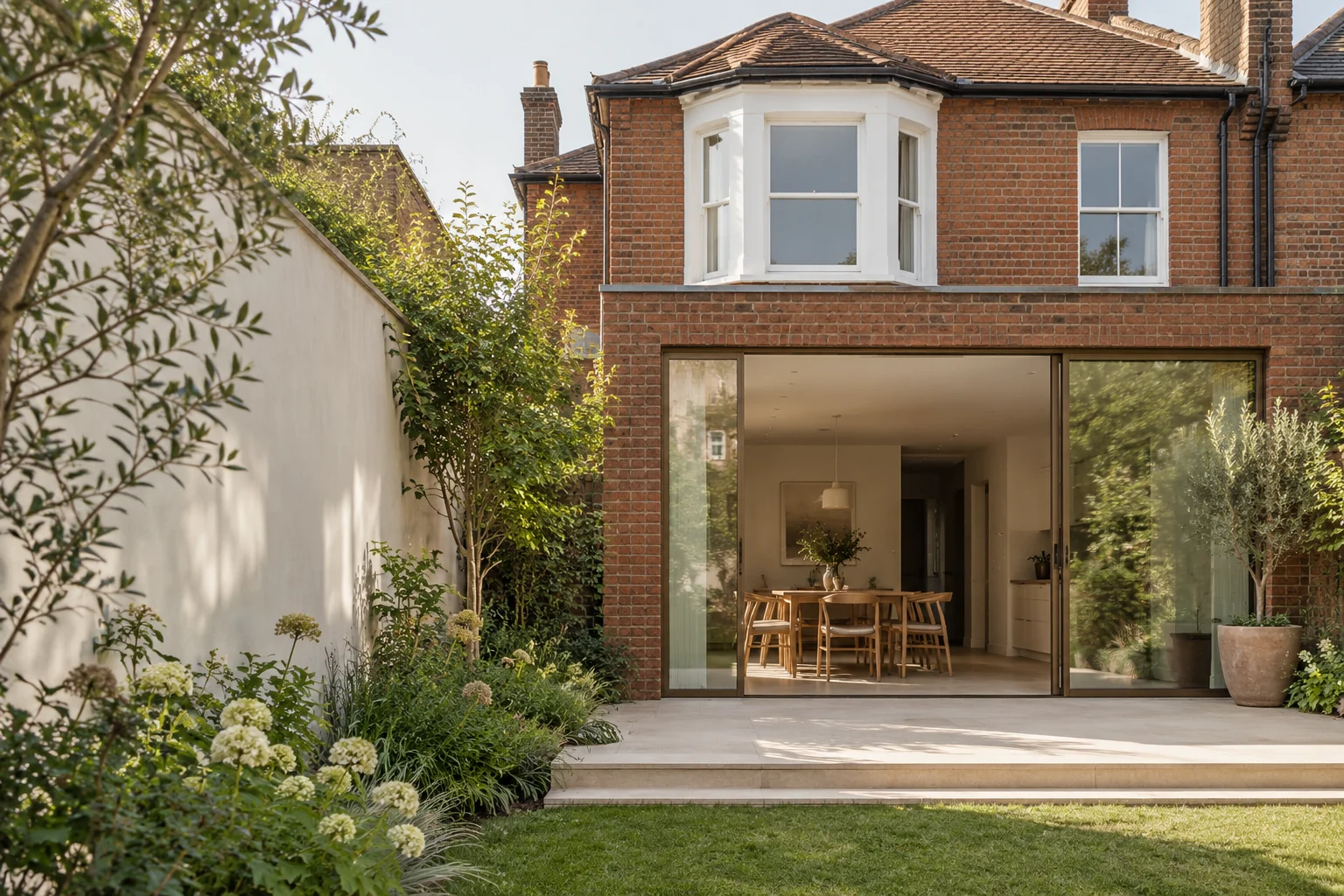 Illustrative brick family house and modest glazed garden addition