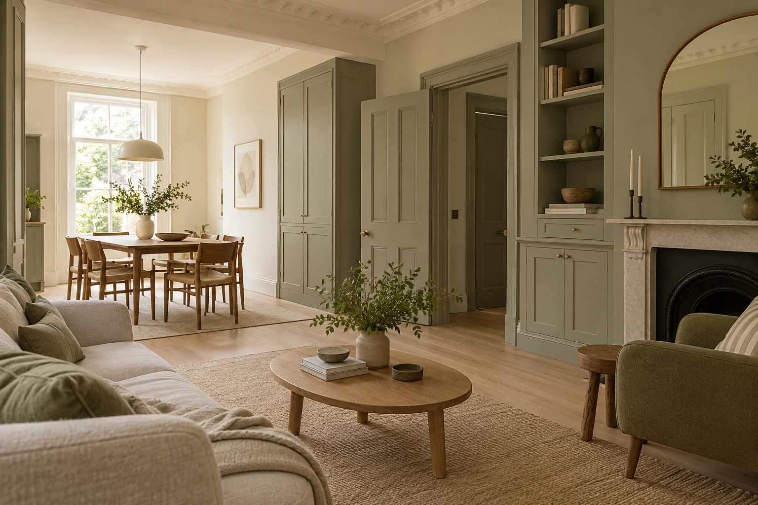 Illustrative compact living space with aligned doors and built-in storage