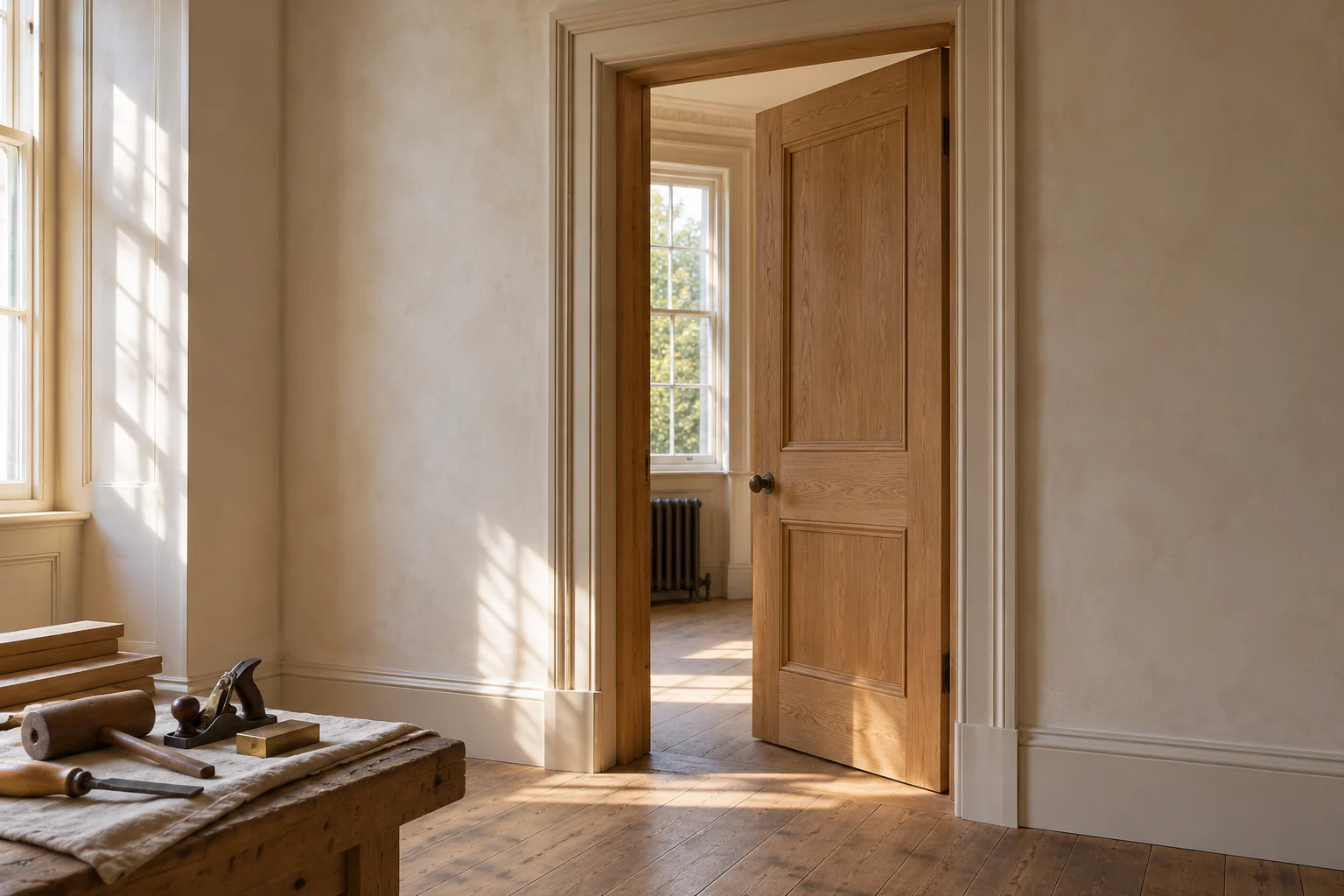 Illustrative timber door and frame with repaired plaster returns. Illustration, not a Right Build Group project photograph.