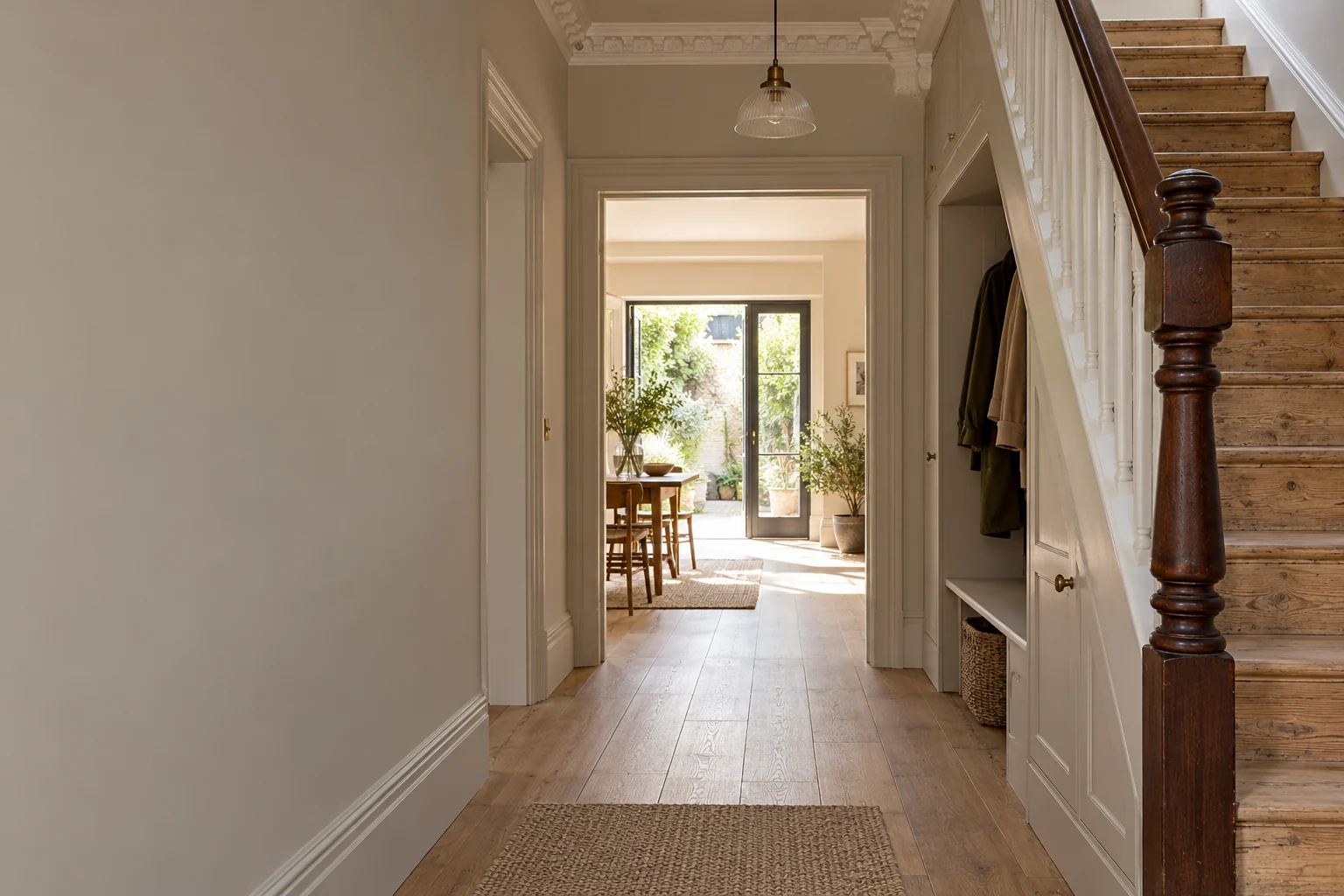 Illustrative retained timber stair and repaired hallway connected to a rear room