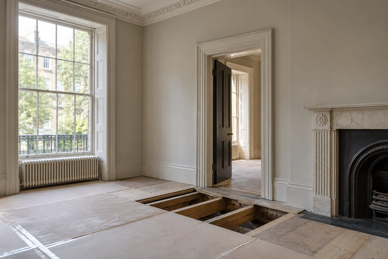 Illustrative bounded floor investigation beside a retained doorway