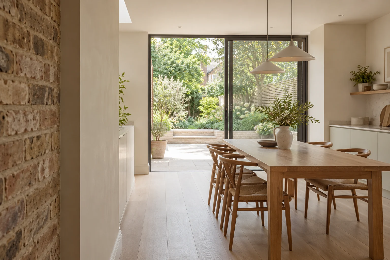 Illustrative old and new wall junction beside a garden-facing dining space