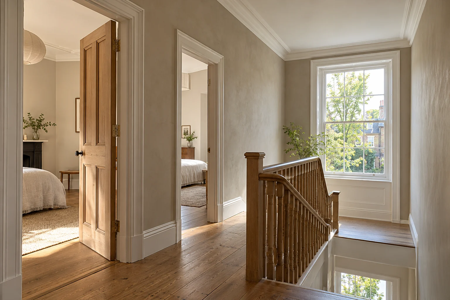 Illustrative restored timber stair landing with clear room connections