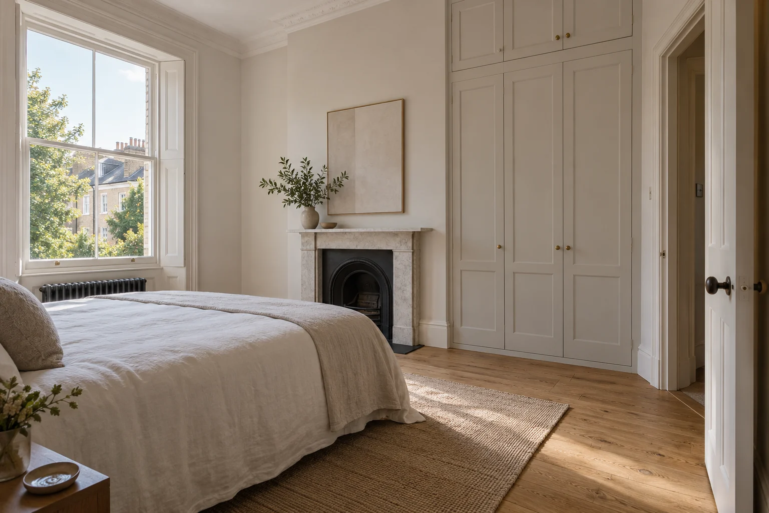 Illustrative renovated bedroom with a clear route beside fitted storage