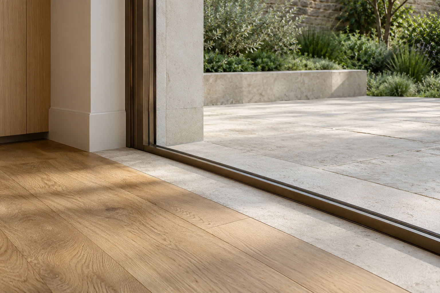 Illustrative interior timber floor meeting a garden-door threshold