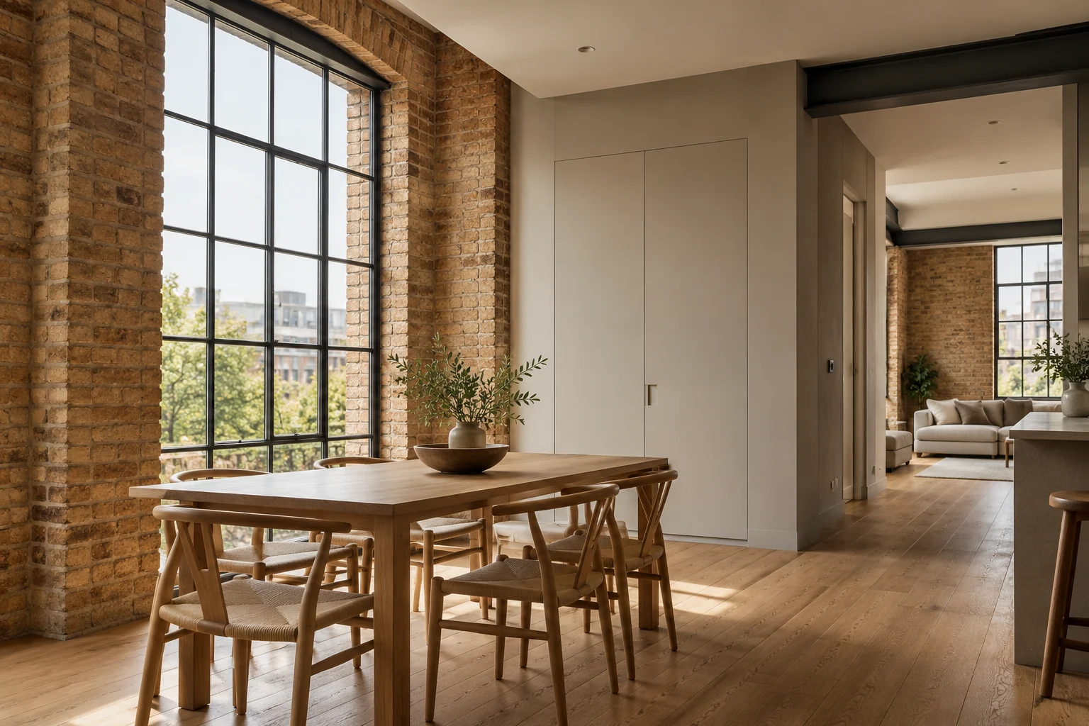 Illustrative residential interior with retained brickwork and tall industrial-style windows