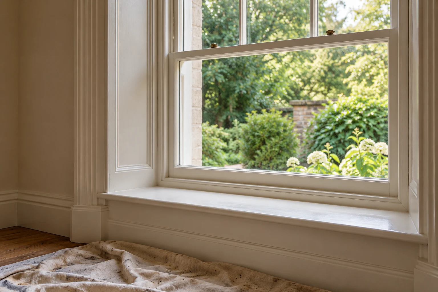 Illustrative restored timber window and repaired plaster reveal