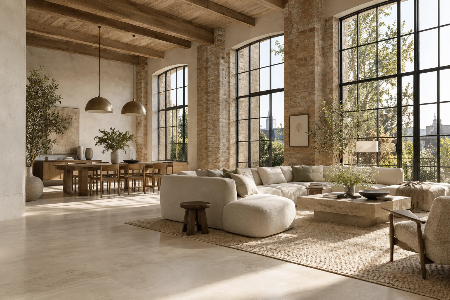 Illustrative concept of a refurbished London warehouse apartment with retained brickwork and tall windows.
