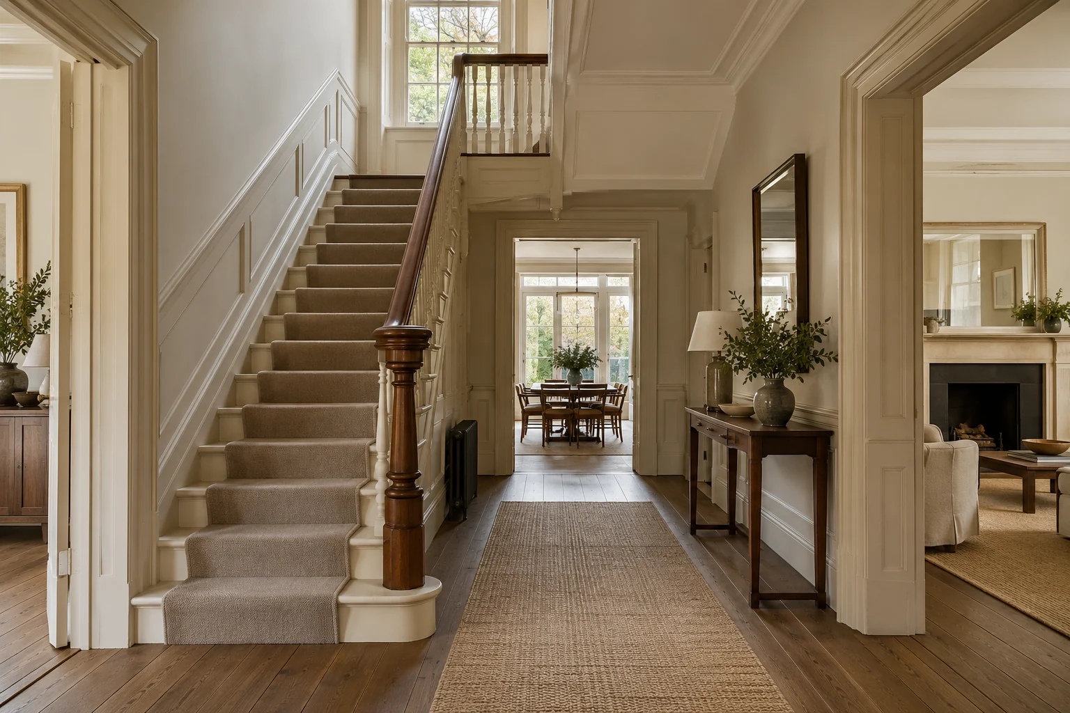 Illustrative concept of a refurbished London entrance hall and retained timber staircase.