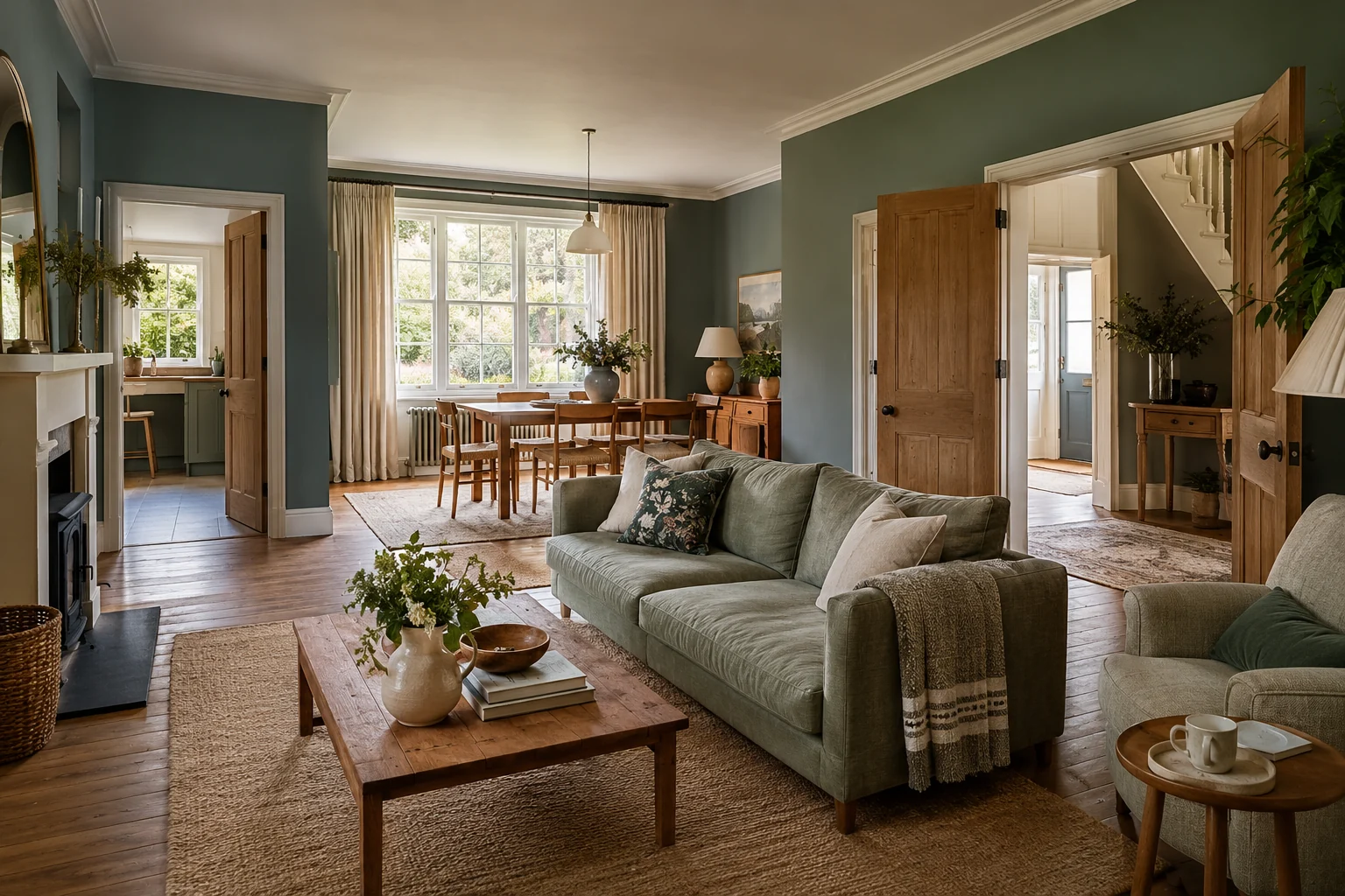 Illustrative concept of a family room with clear circulation between its entrances.