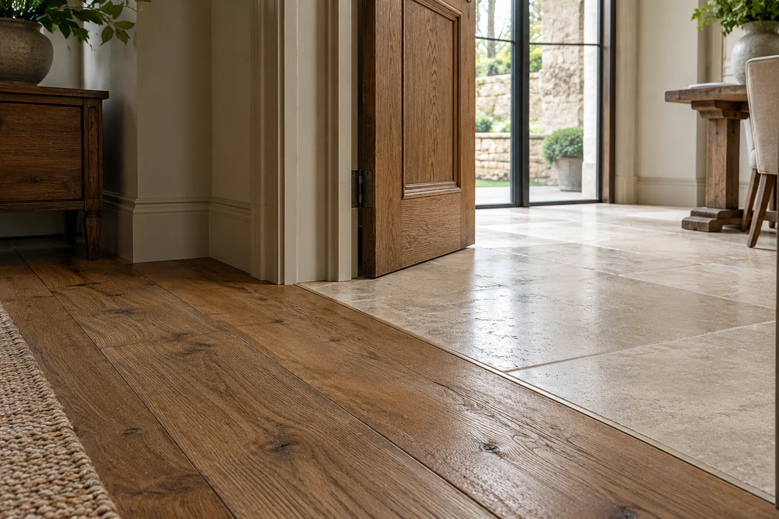 Illustrative detail of a deliberate transition between timber and stone flooring.
