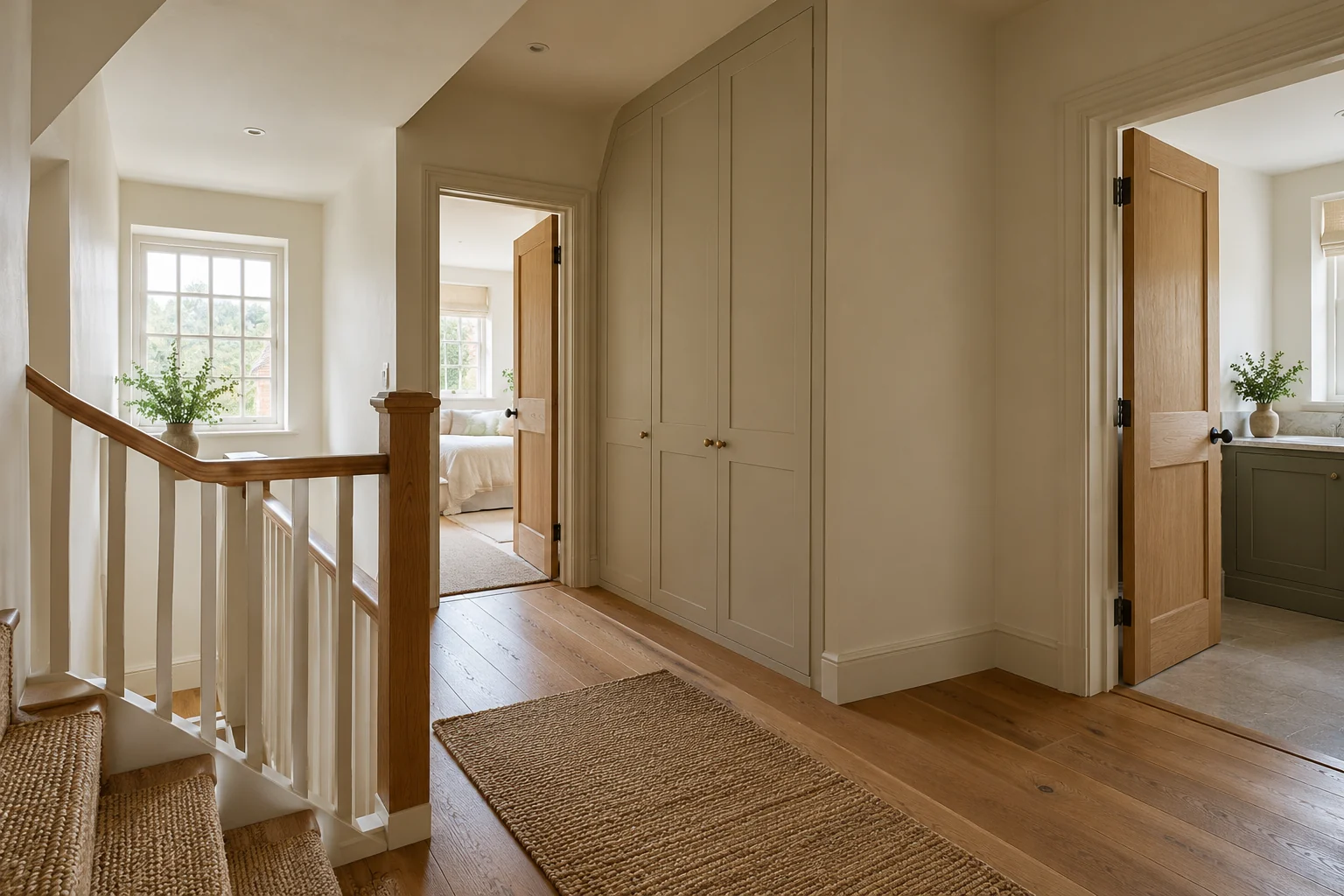 Illustrative concept of fitted landing storage beside a retained stair and doorways.