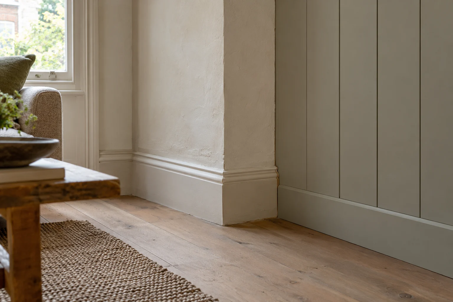 Illustrative detail of a new timber lining meeting retained plaster and skirting. Illustration, not a Right Build Group project photograph.
