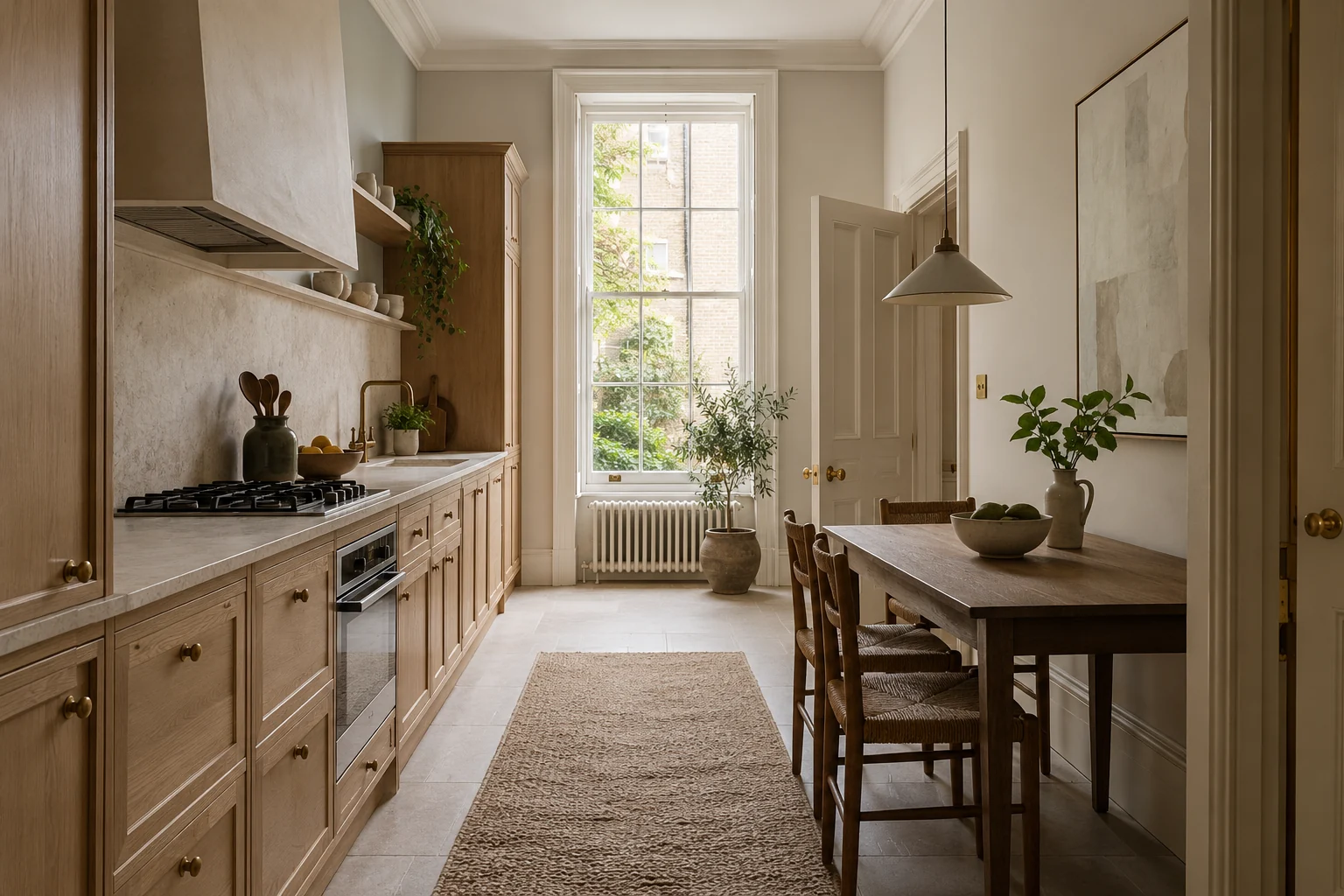 Illustrative concept of a narrow kitchen and dining space with useful circulation. Illustration, not a Right Build Group project photograph.