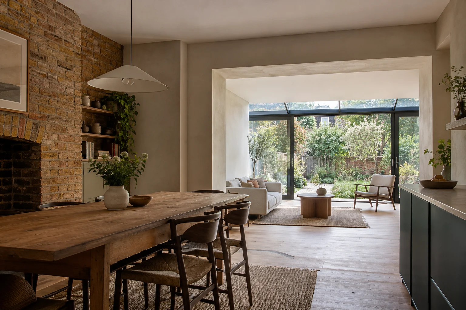 Illustrative concept of an older room connected to a later garden-facing addition.