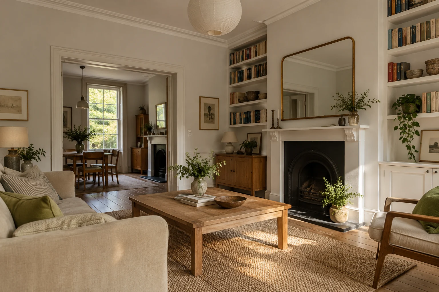 Illustrative concept of connected rooms with a retained chimney breast in a London terrace.