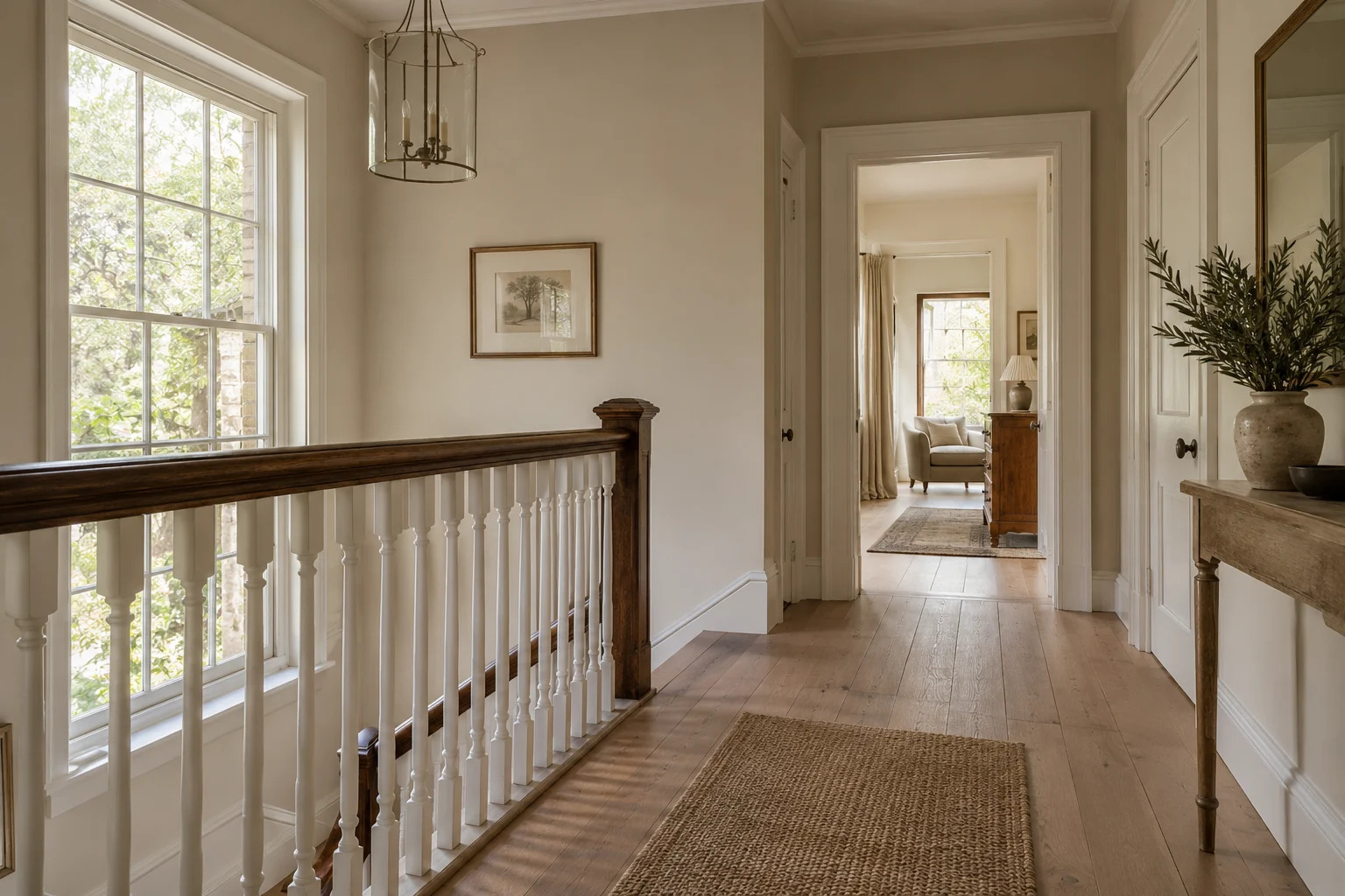 Illustrative concept of an upper landing with retained stair details and connected rooms.