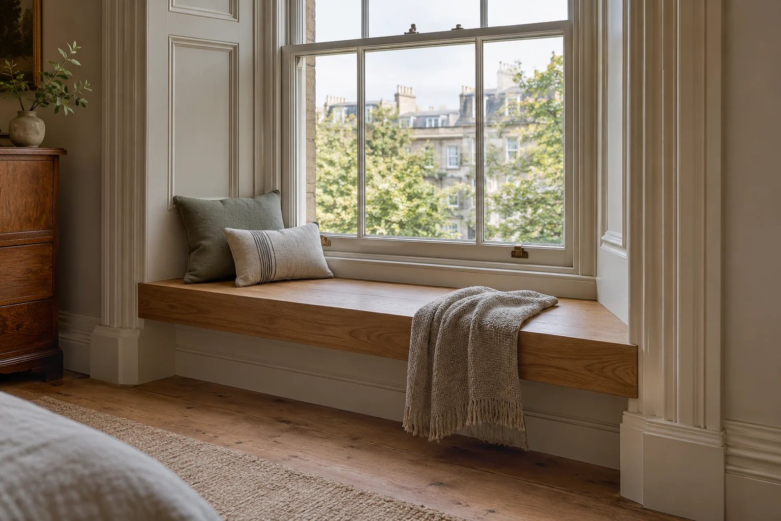 Illustrative detail of a window seat fitted around a retained window reveal.