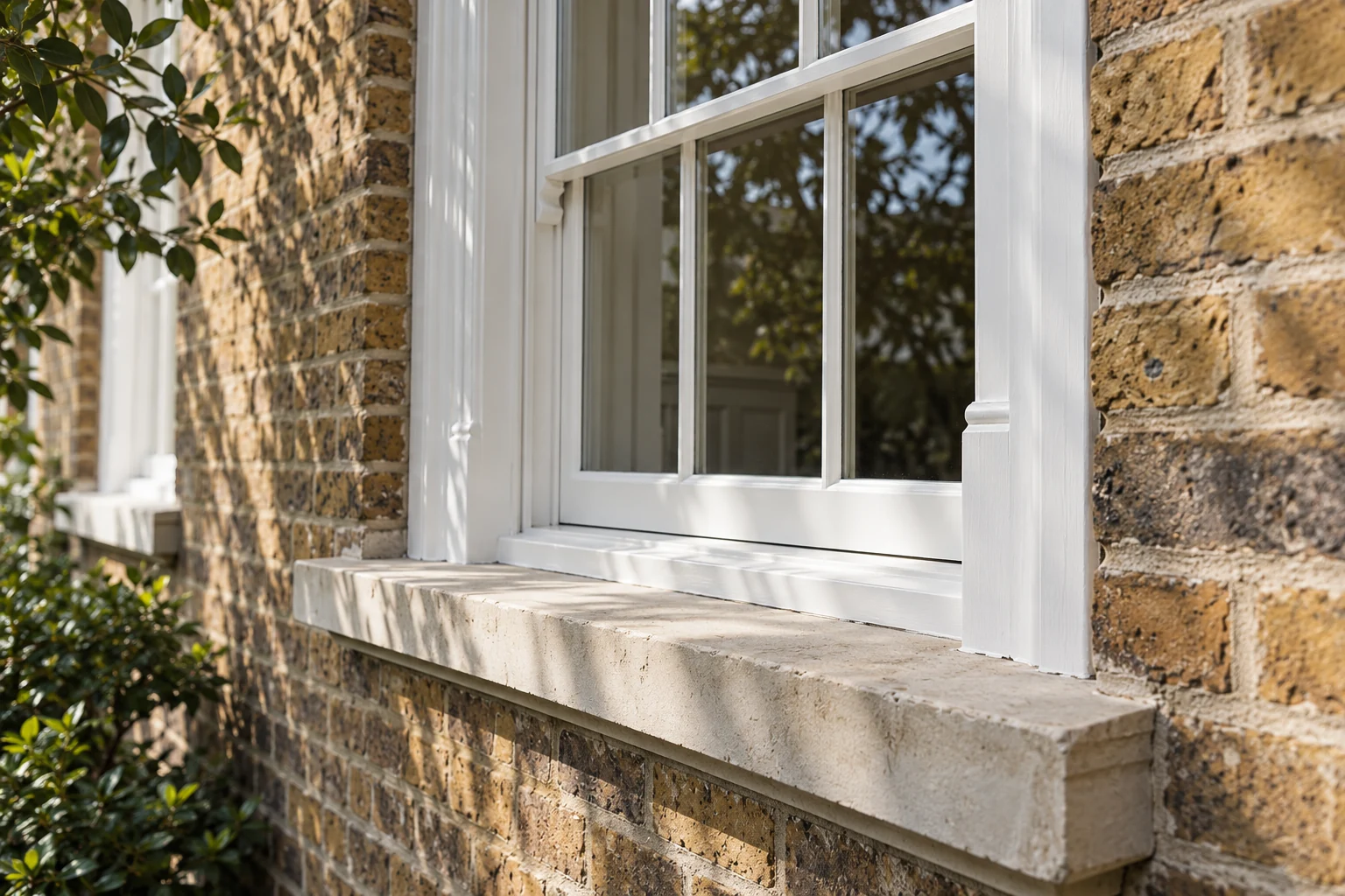 Illustrative traditional timber sash window, stone sill and London stock brickwork