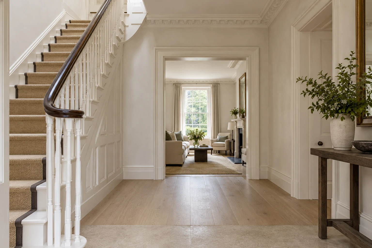 Illustrative completed period hallway with aligned floors and finished timber joinery