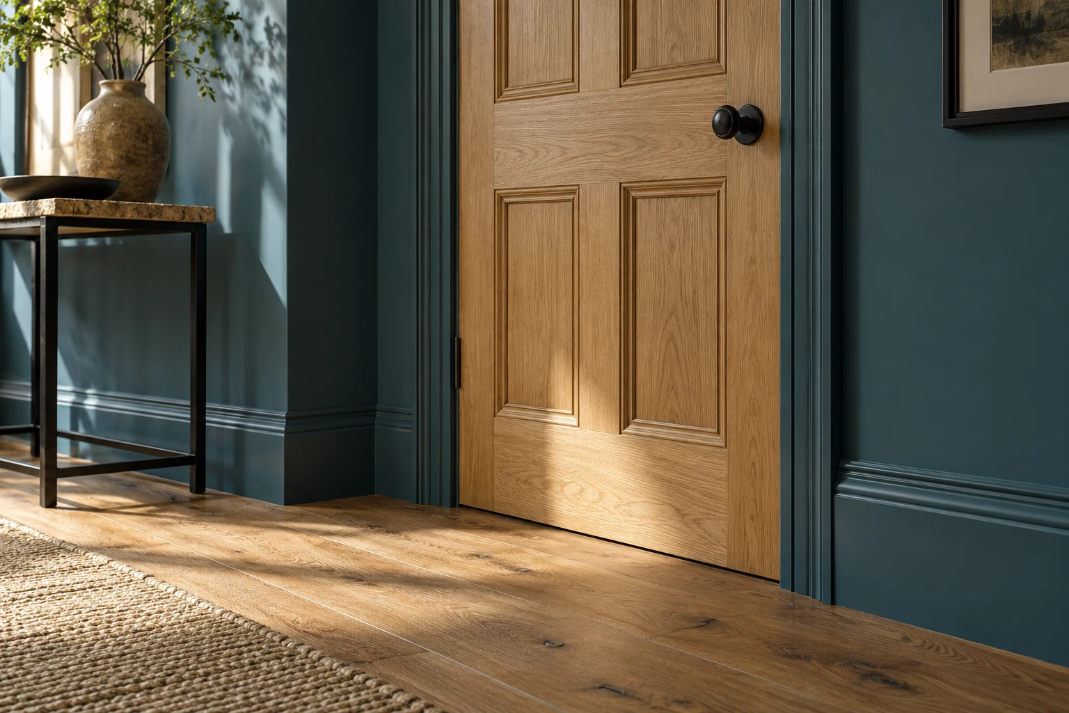 Illustrative internal door with neatly fitted architrave and skirting
