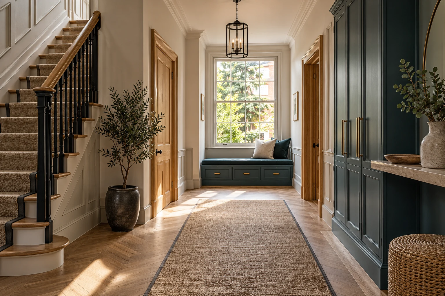 Illustrative a hallway with fitted cabinetry, timber trim and a staircase