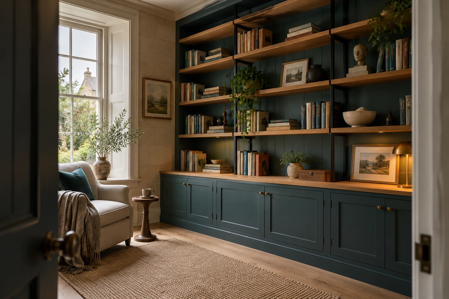 Illustrative fitted shelving and timber cabinetry in a British home