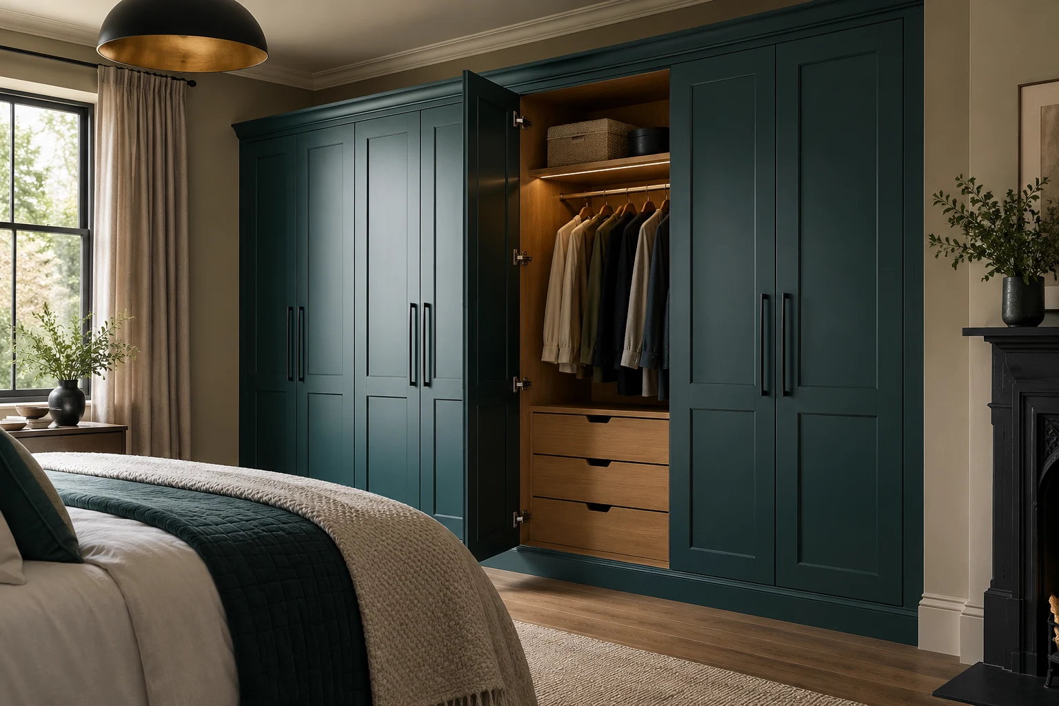 Illustrative fitted bedroom wardrobe with organised internal storage