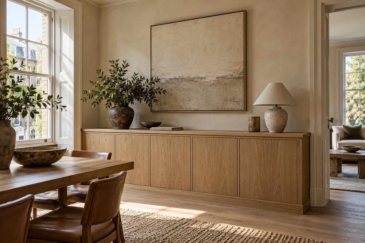 Illustrative timber cabinet fronts with carefully aligned visible grain