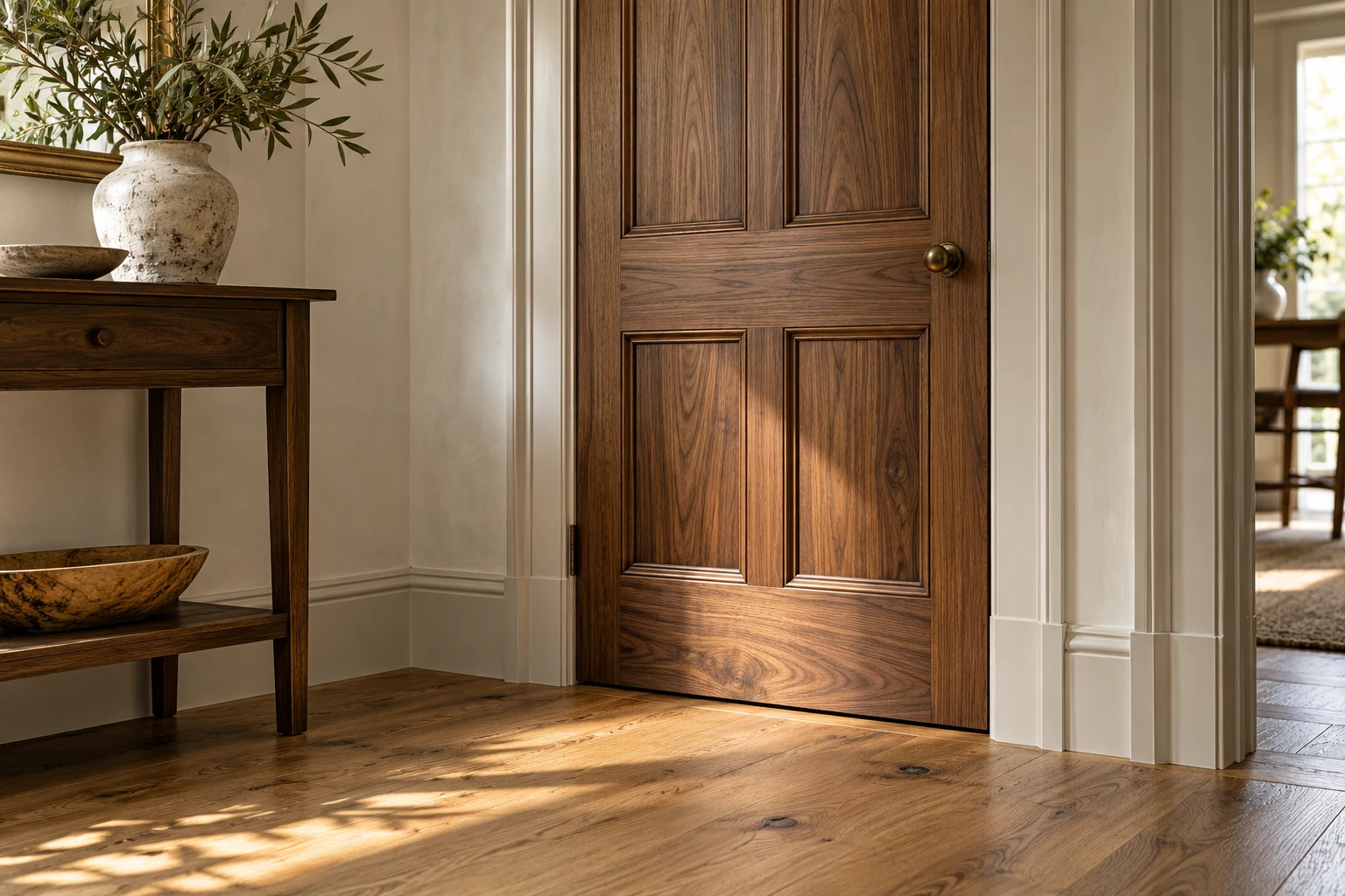 Illustrative internal door with neatly fitted architrave and skirting