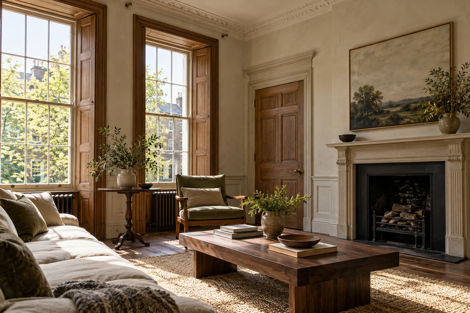 Illustrative a period sitting room with timber window details and a panelled door