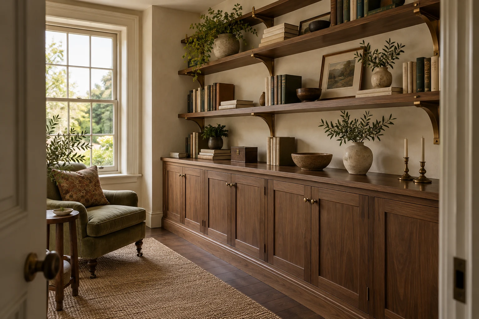 Illustrative fitted shelving and timber cabinetry in a British home