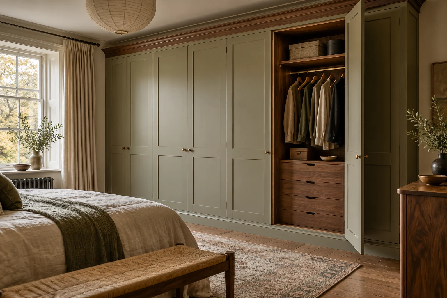Illustrative fitted bedroom wardrobe with organised internal storage