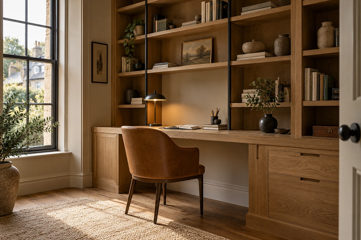 Illustrative fitted shelving and timber cabinetry in a British home