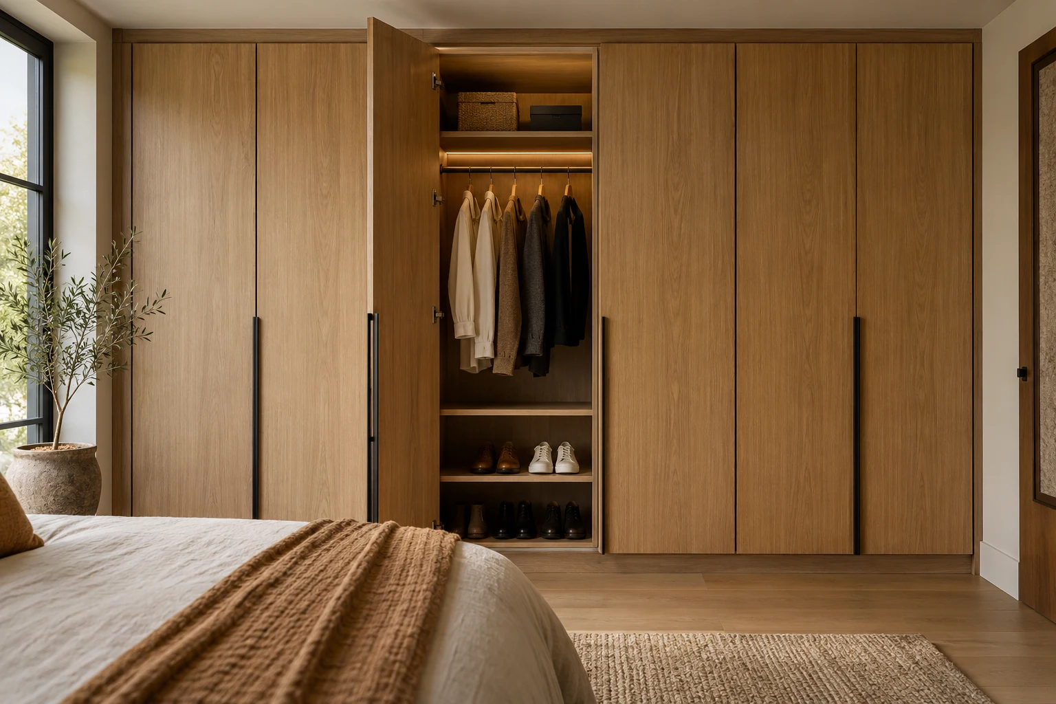 Illustrative fitted bedroom wardrobe with organised internal storage