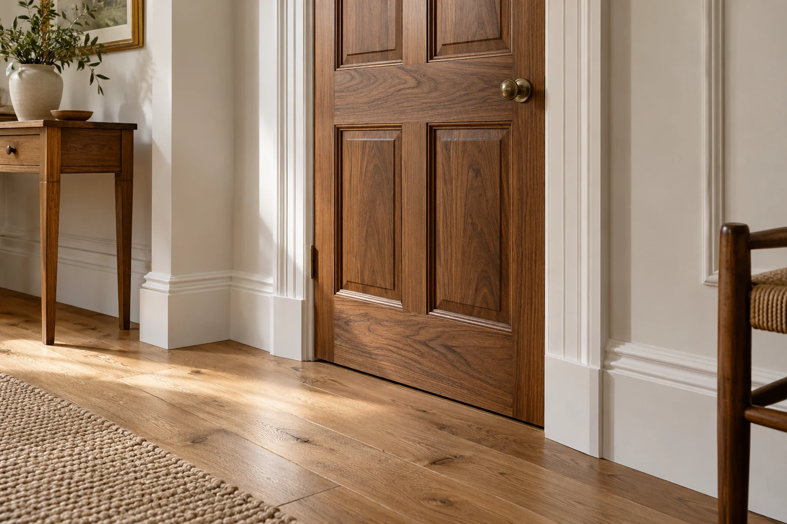Illustrative internal door with neatly fitted architrave and skirting