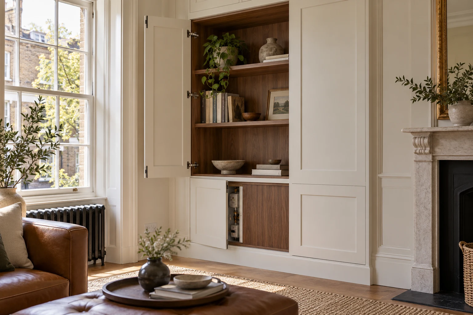 Illustrative timber cabinetry with hinged doors and accessible storage