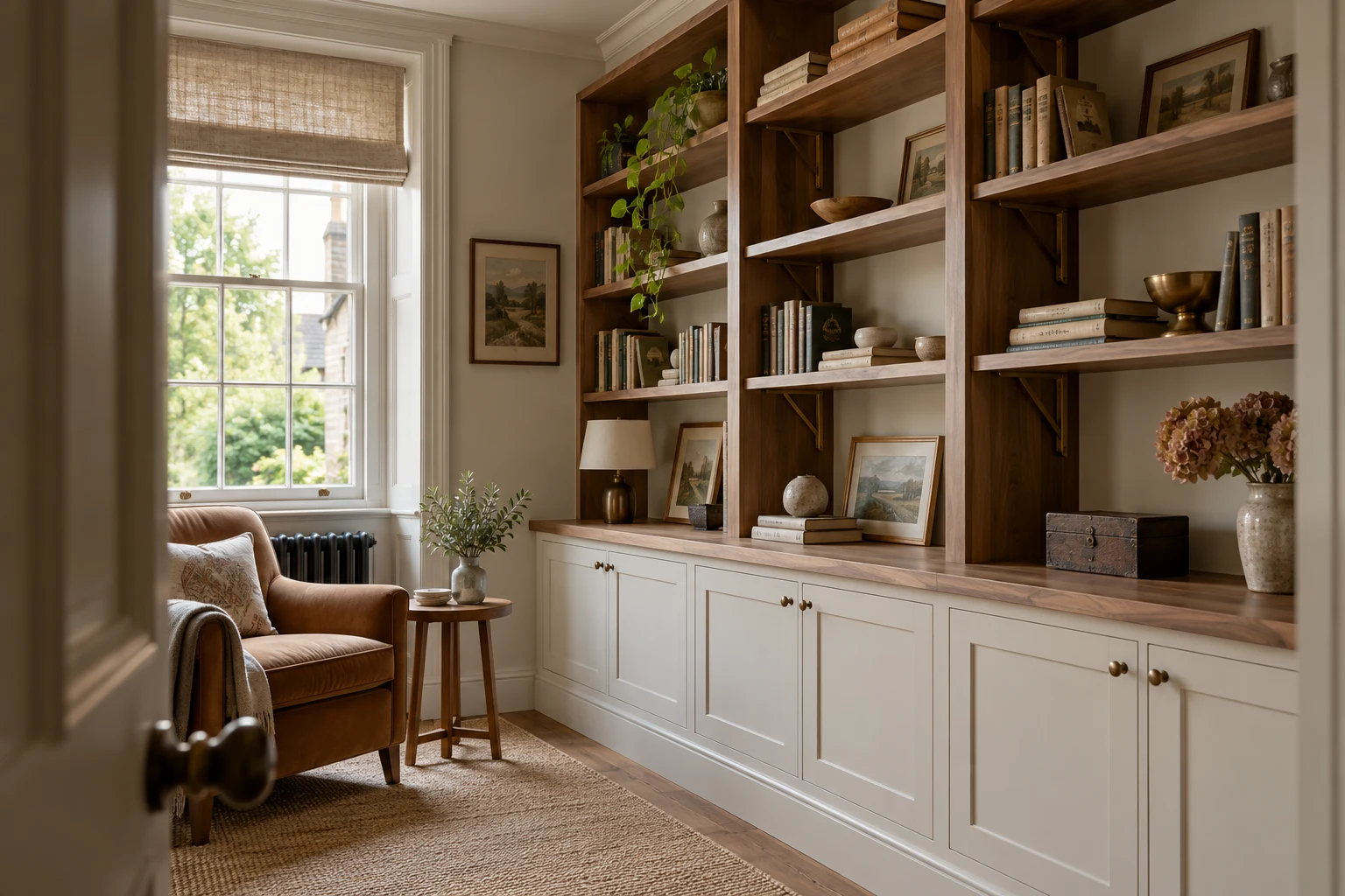 Illustrative fitted shelving and timber cabinetry in a British home