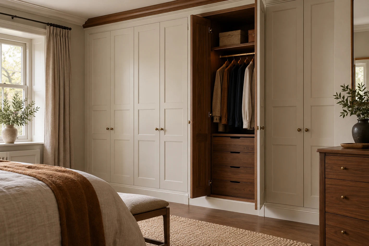 Illustrative fitted bedroom wardrobe with organised internal storage