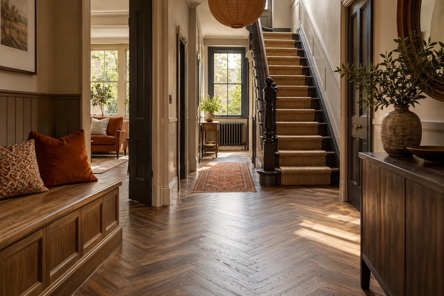Illustrative a hallway with a fitted bench, cabinetry and parquet flooring