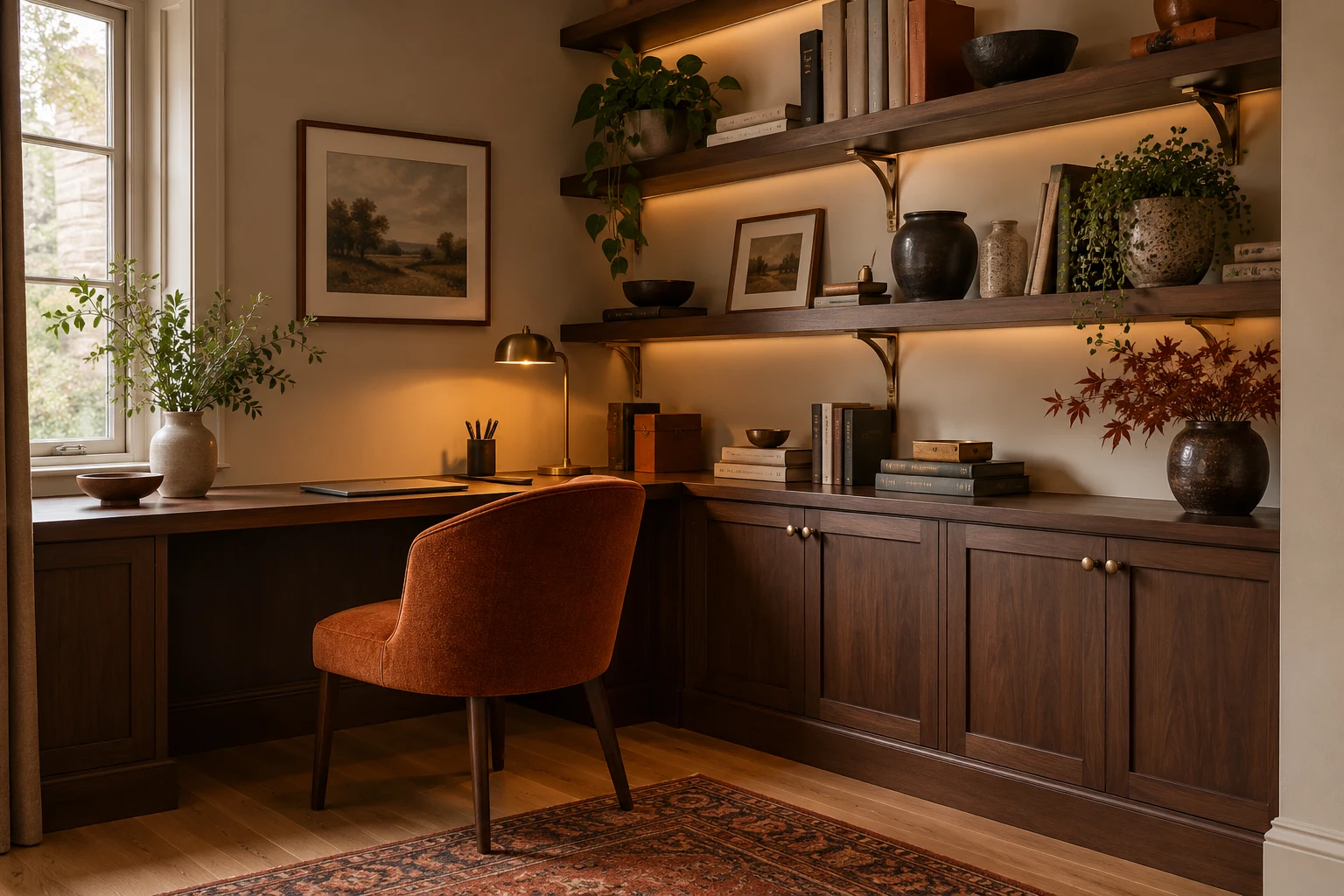 Illustrative fitted shelving and timber cabinetry in a British home