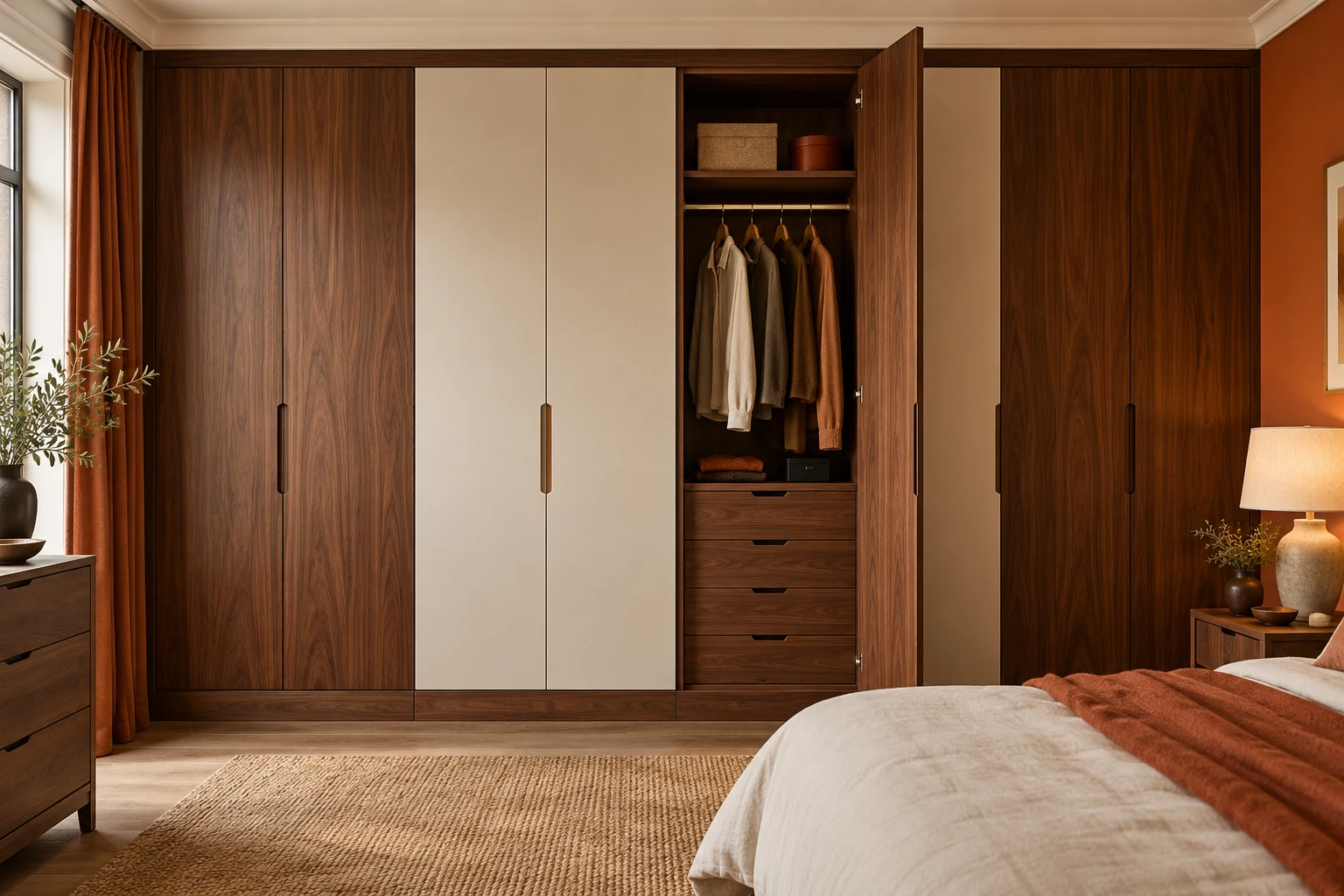 Illustrative fitted bedroom wardrobe with organised internal storage